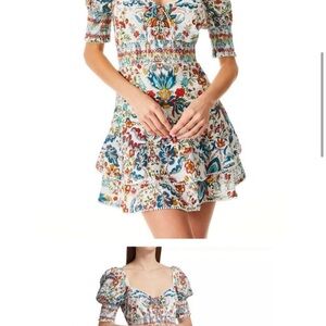 Alice + Olivia Blue and Orange Ruffled Puff Sleeve Sundress